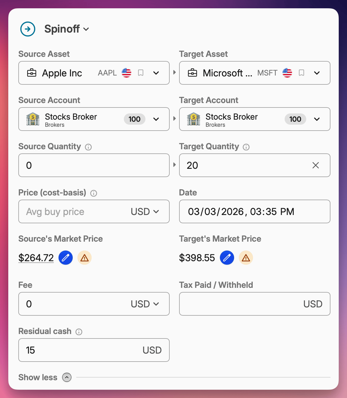 Spinoff transaction showing cost basis allocation
